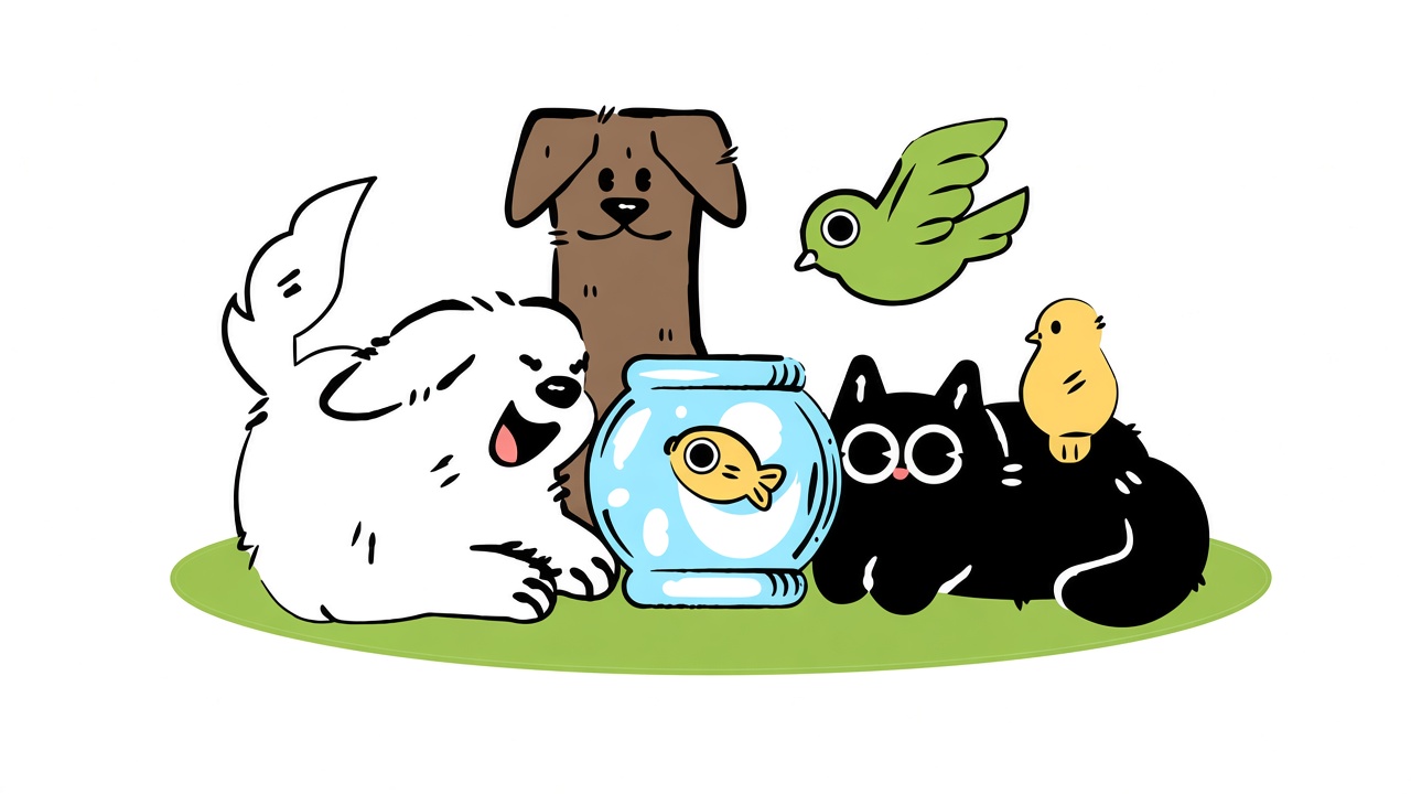 Illustrazione cartoon di cani, gatto, pesce e uccellini insieme